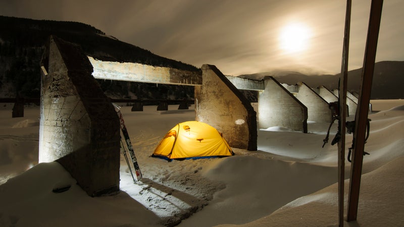 Modern camping in the ruins of the field house at Camp Hale, Colorado.