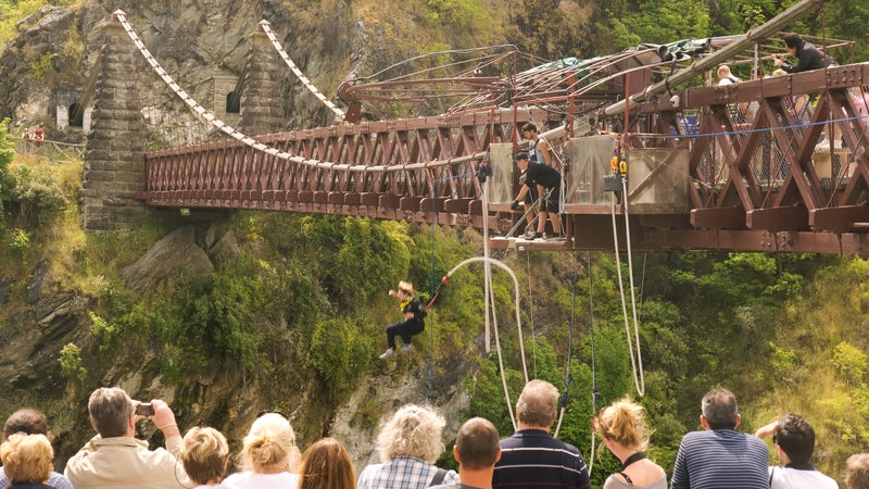 A brave soul takes the leap of faith off the Kawarau Bridge near Queenstown, New Zealand.