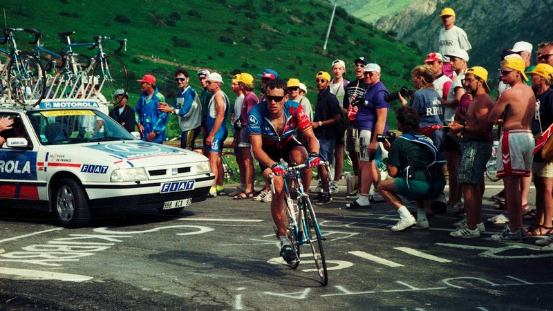 Lance Armstrong on the Alpe d'Huez during the 10th stage of the 1995 Tour de France.