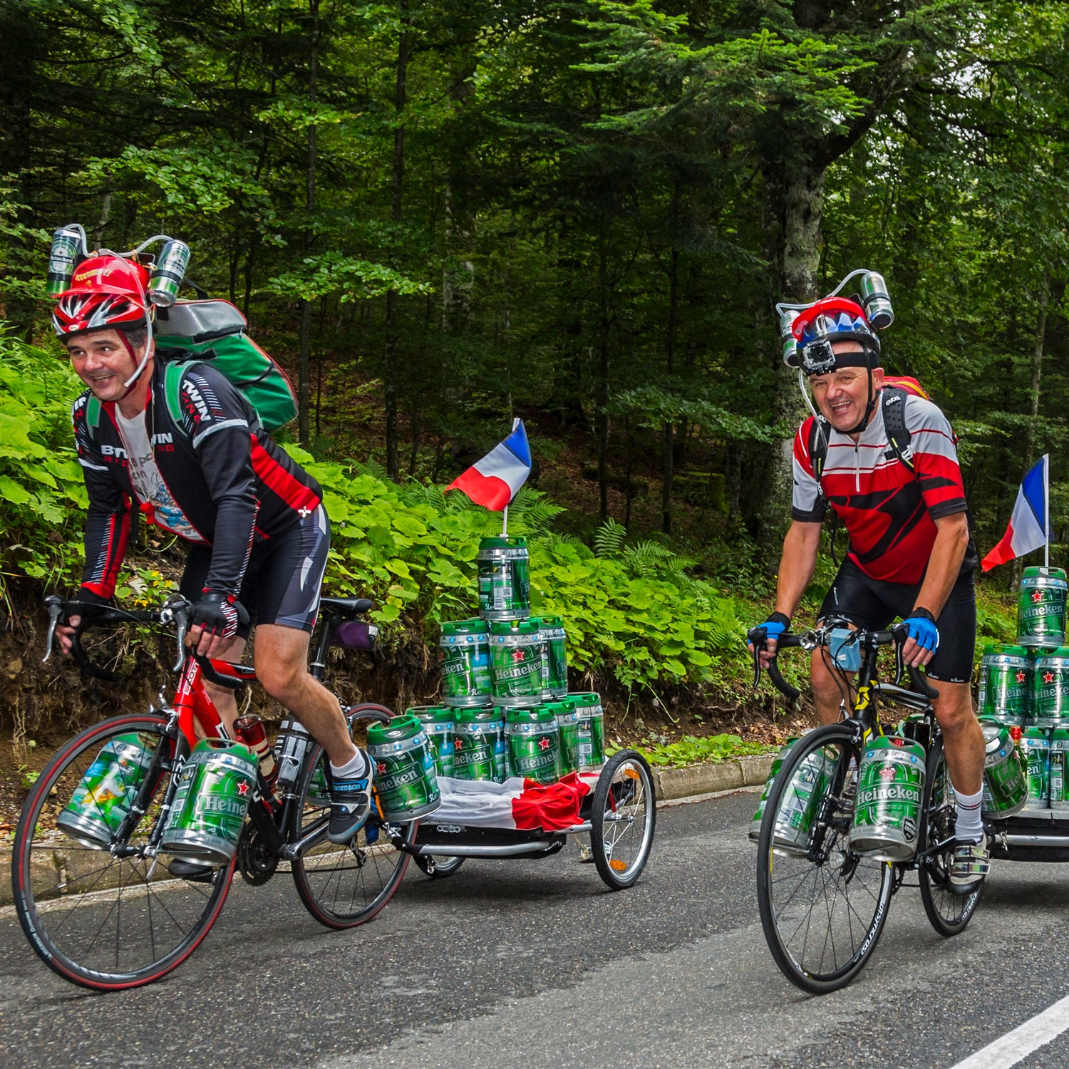 One way to make beer into a health food—use it to weigh down your bike on a mountain pass.