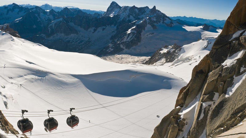 The Mont Blanc gondolas take tourists and skiers across the glaciers to the Aiguille de Midi at 12,602 feet.