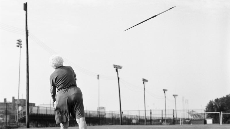Senior athlete Helen Beauchamp, 87, of Memphis, Tennessee, participates in the 85-89 women's javelin during the 2007 National Senior Games in Louisville, Kentucky.