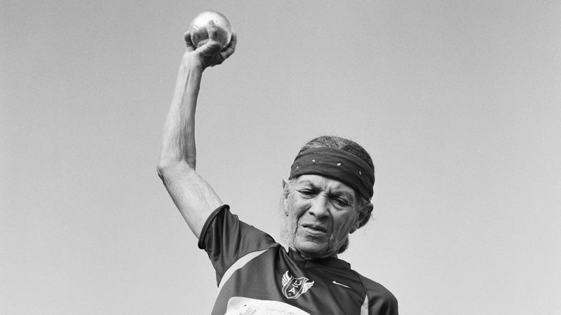Senior athlete Johnnye Valien, 82, of Los Angeles, California, competes in the women's shot put (80-84 age bracket) during the 2007 World Masters Championships Stadia in Misano Adriatico, Italy.