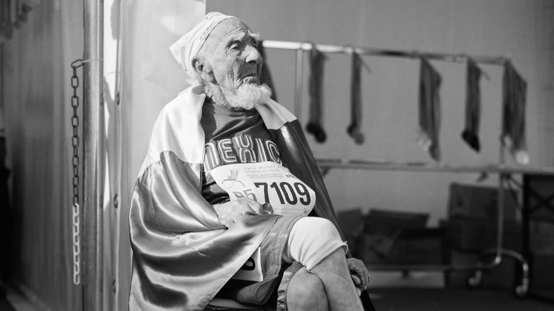 Senior athlete Manuel Gonzalez Muñoz, 95, of Veracruz, Mexico, after finishing second in the M95+ age bracket of the 100-meter finals during the 2007 World Masters Championships in Riccione, Italy.