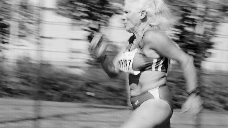 Masters track and field heptathlete Margaritha Daehler-Stettler, 67, of Switzerland, runs down the runway of the long jump, in Venissieux, France, during the 2015 World Masters Athletics Championships.