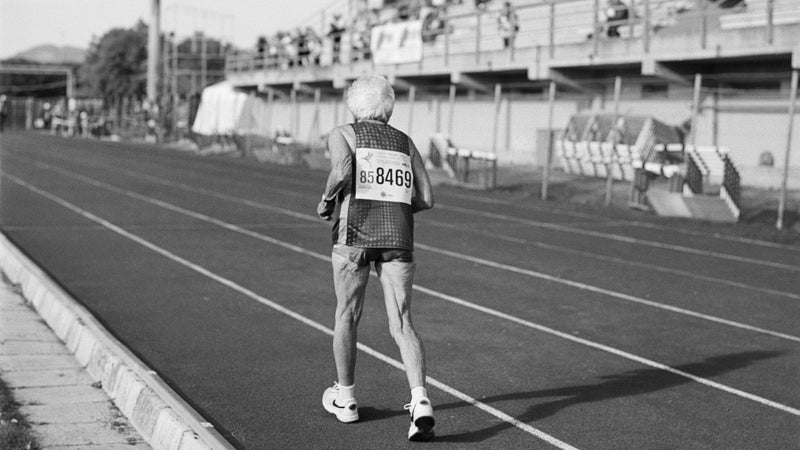 Senior athlete Louise Adams, 86, of Colorado, runs as the sole competitor in the W85+ age division of the 5,000-meter run at the 2007 World Masters Championships Stadia in Misano Adriatico.