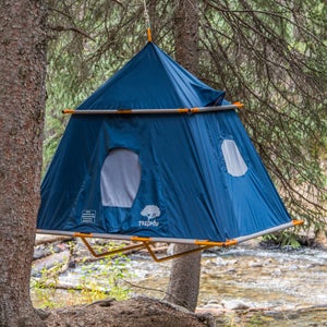 The TreePod tent hangs from a tree and can hold 500 pounds.