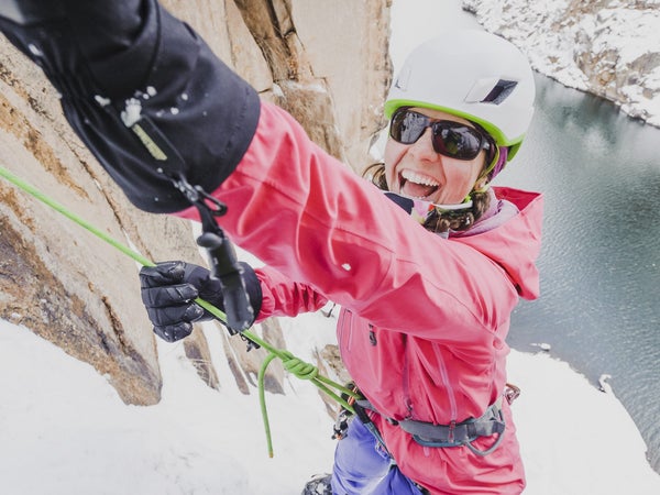 A woman climbs at Chipeta Falls, Colorado.
