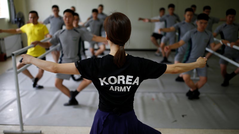 South Korean soldiers in Paju, South Korea, take part in a ballet class at a military base near the Demilitarized Zone separating the two Koreas.