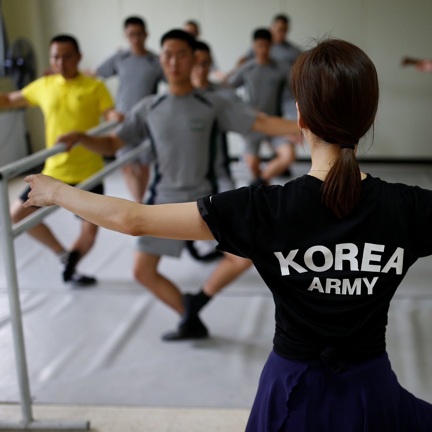 South Korean soldiers take part in a ballet class at a military base near the demilitarized zone separating the two Koreas in Paju, South Korea