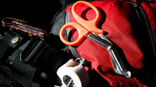 Tape and Trauma Shears
McElroy keeps medical tape and trauma shears handy for accidents, but she uses them more often for managing boundary ropes. The ropes easily fray when cut, so McElroy first tapes the ropes and then cuts them through the tape to leave two unfrayed ends.