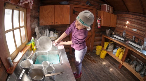 Doing dishes in the Elizabeth Parker Hut in Yoho National Park, British Columbia.