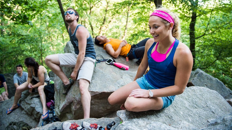 Sasha DiGiulian shares a laugh with climbers at the Shawangunks in New Paltz, New York.