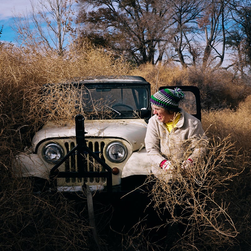 Patty Neher removing tumbleweeds from her yard and jeep. Hanover, Colorado.