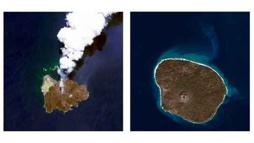 Nishinoshima is a volcanic island located 940 kilometres (584 miles) south of Tokyo, Japan. Starting in November 2013, the volcano began to erupt and continued to do so until August 2015. Over the course of the eruption, the area of the island grew in size from .2 square miles to .89 square miles. These two shows the island mid-eruption in July 2014, and once again in the same location in January 2016, after the eruption ceased.