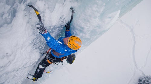 Conrad Anker ice climbing a similar pitch to the one he suffered a heart attack on.