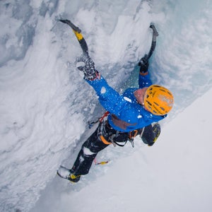 Conrad Anker ice climbing a similar pitch to the one he suffered a heart attack on.
