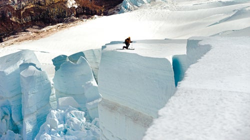Washington has more square miles of glaciers—279.93 to be exact—than any other state in the lower 48. Wyoming comes in second place by volume with 45.5 square miles. Mount Baker alone has 30.45 square miles of glaciers on its flanks. According to the Washington State Department of Ecology, glaciers in the North Cascades have lost 18 to 32 percent of their total volume since 1983. Adam Roberts makes a tele turn near the edge and gets a close look into a crevasse on the Coleman Deming Route on Mount Baker. Some crevasses here can be well over 100 feet deep.