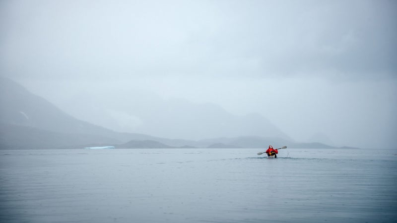 We paddled the Orus a total of 100 miles through Greenland's fjords and coastal waters this trip. They're nimble and easy to paddle in calm conditions like these, but less stable in heavy seas than the rigid boats you can rent there.