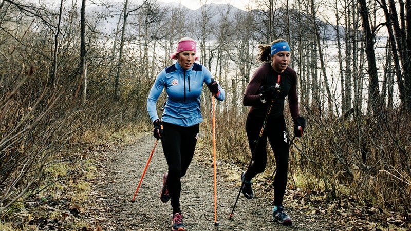 Kikkan trains with her teammate and friend Rosie Brennan on the Turnagain Arm Trail.