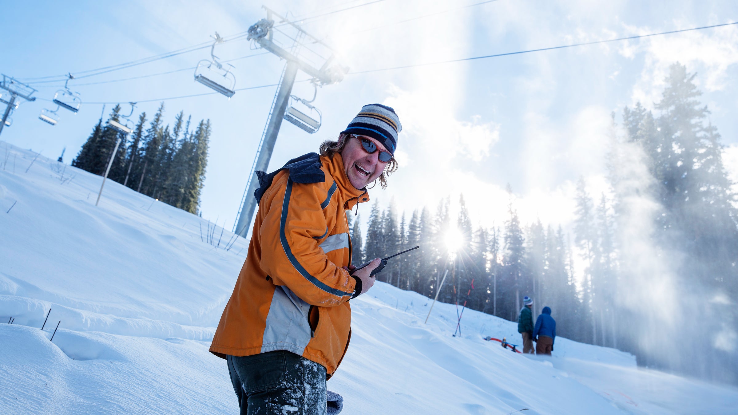 James Coleman getting into the mix of snowmaking at Purgatory Resort. 