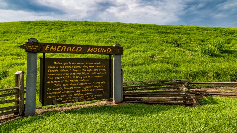 Emerald Mound, off the Natchez Parkway, is the second largest temple mound in the United States.