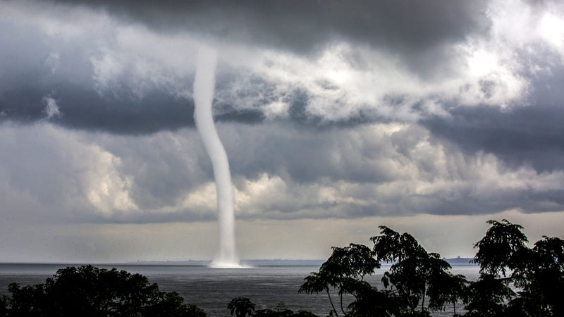 A waterspout is photographed over Lake Victoria, Uganda. Thousands of small birds can be seen flying around at its base.