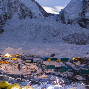 Headlamps weave through the basecamp at Mount Everest.