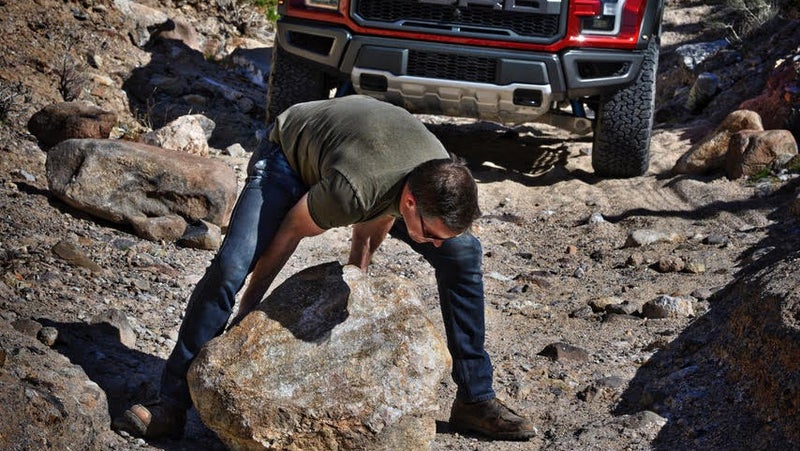 A smaller truck could simply have driven around this boulder. Instead, we had to deploy our ARB recovery kit to drag it backwards 50 yards out of the way. Obviously I tried to pick it up first. That didn't happen.