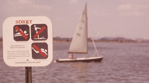 A sign at the edge of the Potomac River in 1972 warns against swimming due to severe water pollution.
