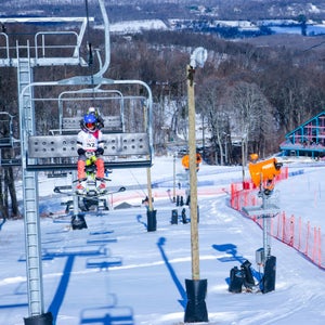 The future of skiing—riding a lift in New Jersey.