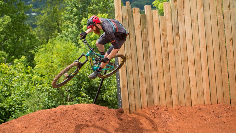 Launching off a wooden wall ride on the Devil's Racetrack.