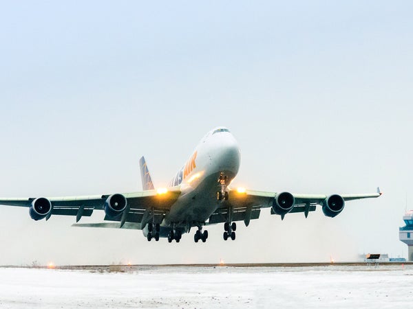 A 747 lifts off from Ottowa's MacDonald-Cartier International.