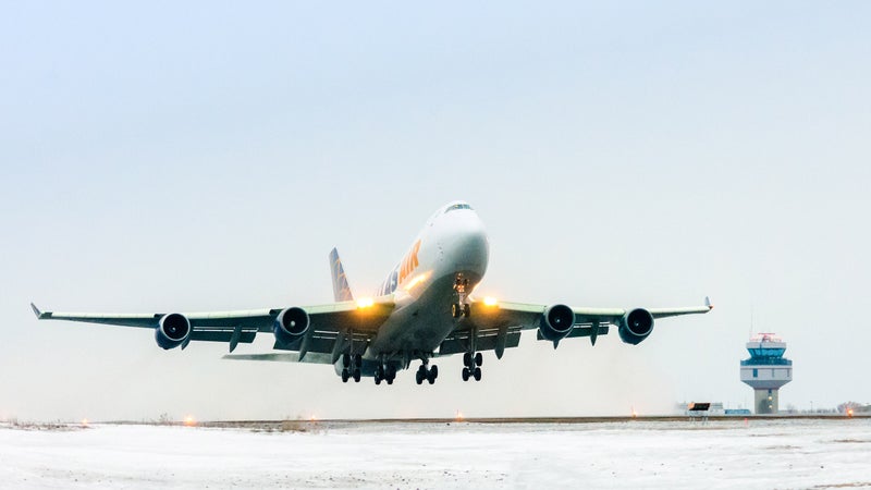 A 747 lifts off from Ottowa's MacDonald-Cartier International.