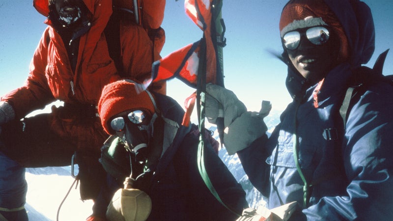 From left: Chewang Rinjing, Miller, and Mingma Tshering atop the mountain (with Komarkova, the fourth summiter, behind the camera)