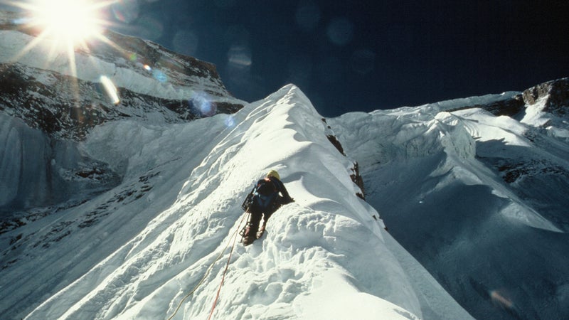 Climbing the undulating crest of the Dutch Rib, the team faced soft, unstable snow and huge cornices.