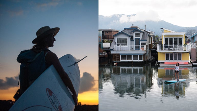 Whether you're looking to surf waves near the city (left) or a mellower SUP session somewhere like Sausalito (right), the Bay Area has tons of options.