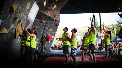 Before the competition began, everyone was given a sneak-peek at the problems. Here, competitors study the final (and hardest) route of the night.