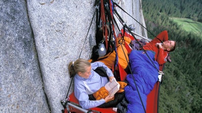 Beth Rodden and Tommy Caldwell take a break on a porta-ledge on the West Buttress of El Capitan.