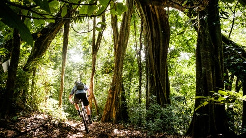 Matt Hartell, owner of Old Town Outfitters, an Antigua-based guiding service, slaloms through massive trees on the El Zur flow trail. Hartell has been guiding rides in Guatemala since 1998 and has exclusive access to the private El Zur bike park, which also features a Whistler-esque jump trail built by Gravity Logic. Tours are $195 for one person, $95 per person if you have a group of two or three, and $80 per person for a group of four to six.