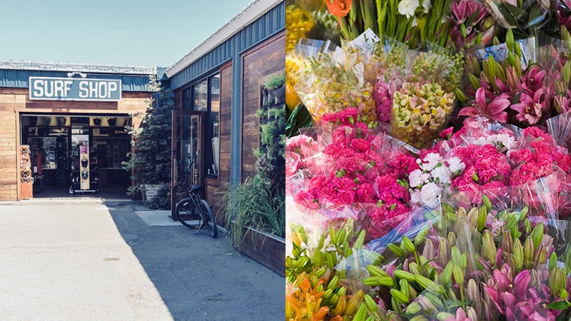 Proof Lab Surf Shop (left) and San Francisco Flower Mart (right) are two of the best-kept secrets for local shopping.