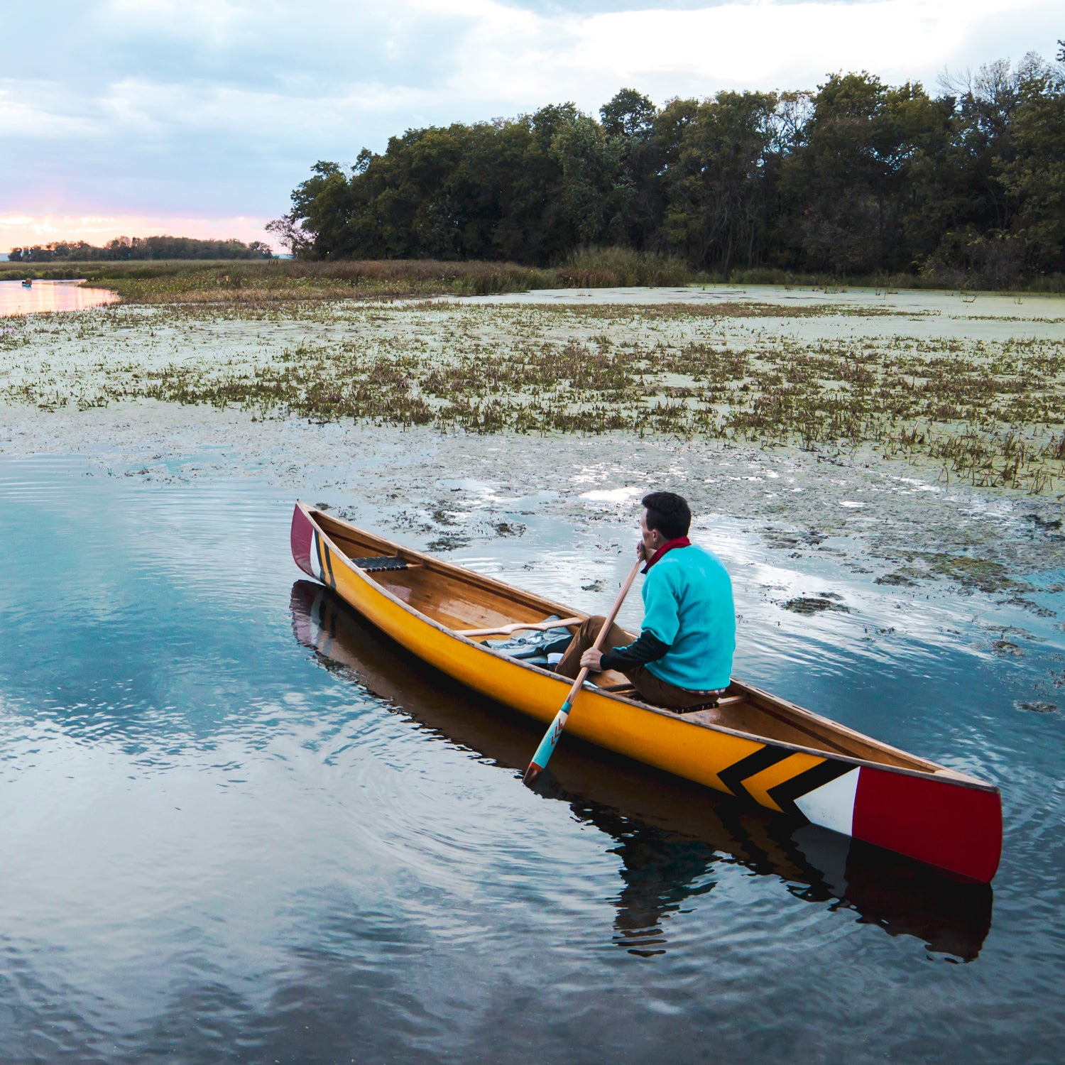 A traditional canoe constructed with modern materials.