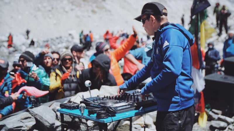 Oakenfold playing his set at base camp.