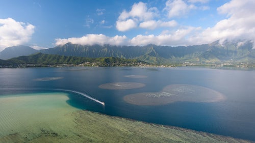 The windward coast of Oahu is world-renowned for its scenic vistas. The commanding peaks of the Ko鈥檕lau Range are the cornerstone of these famous views, dwarfing the communities that lie at their base. Pictured here, a boat motors through K膩ne鈥檕he Bay on a calm morning inside the extinct Ko鈥檕lau volcano.