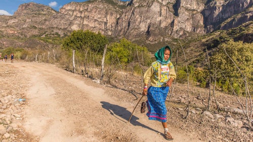 “The men get a lot of attention, but the women racers are crazier,” Hermsmeyer says. Some of the women running wear dresses, skirts, and headdresses, and they’re fast. Miller, an experienced ultrarunner who has raced the Caballo Blanco Ultra the past few years, remembers an older woman deep in the race, wearing a long dress and flimsy sandals, who would sprint ahead of him every time he got close to passing her.