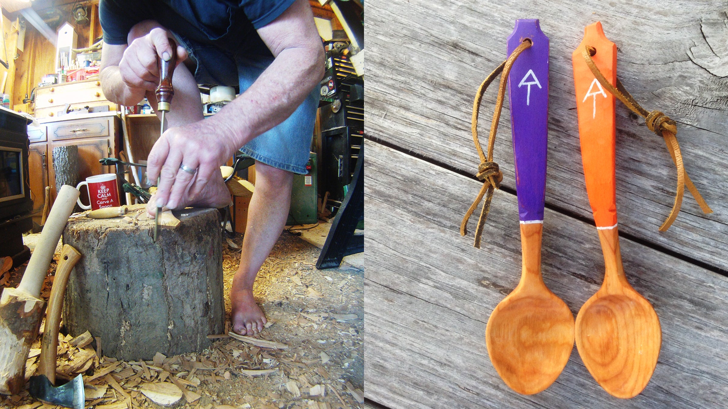 Tabor uses his feet to help him carve these wooden spoons for AT hikers.