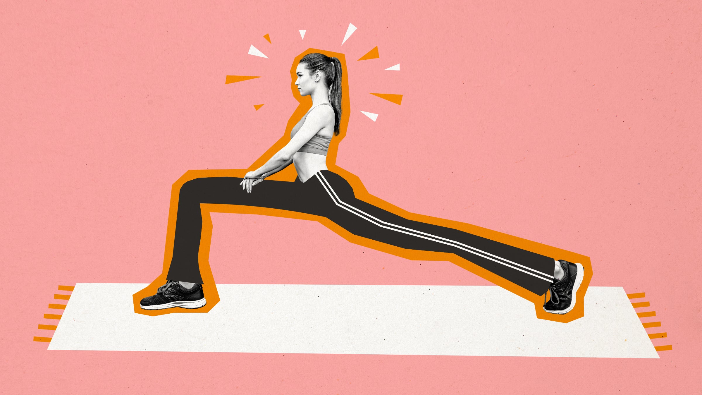 Composite photo collage of serious sportswoman do lunges stretch long legs gymnastics sporty lifestyle isolated on painted background. stretches for outdoor athlete