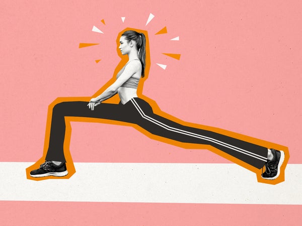 Composite photo collage of serious sportswoman do lunges stretch long legs gymnastics sporty lifestyle isolated on painted background. stretches for outdoor athlete