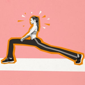 Composite photo collage of serious sportswoman do lunges stretch long legs gymnastics sporty lifestyle isolated on painted background. stretches for outdoor athlete