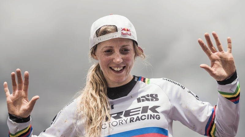 Rachel celebrates her tenth win at the UCI Mountain Bike World Tour.
